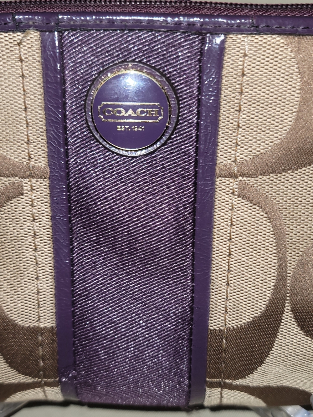 Coach Large Signature Canvas Wristlet in Brown and Purple - Picture 2 of 5